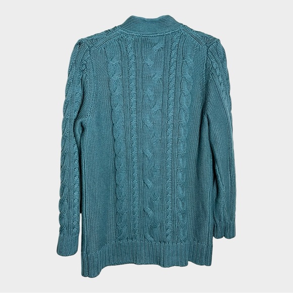 LL BEAN Cotton Cable Knit Button-Front Cardigan Teal Green Size Large Spring - Picture 3 of 6